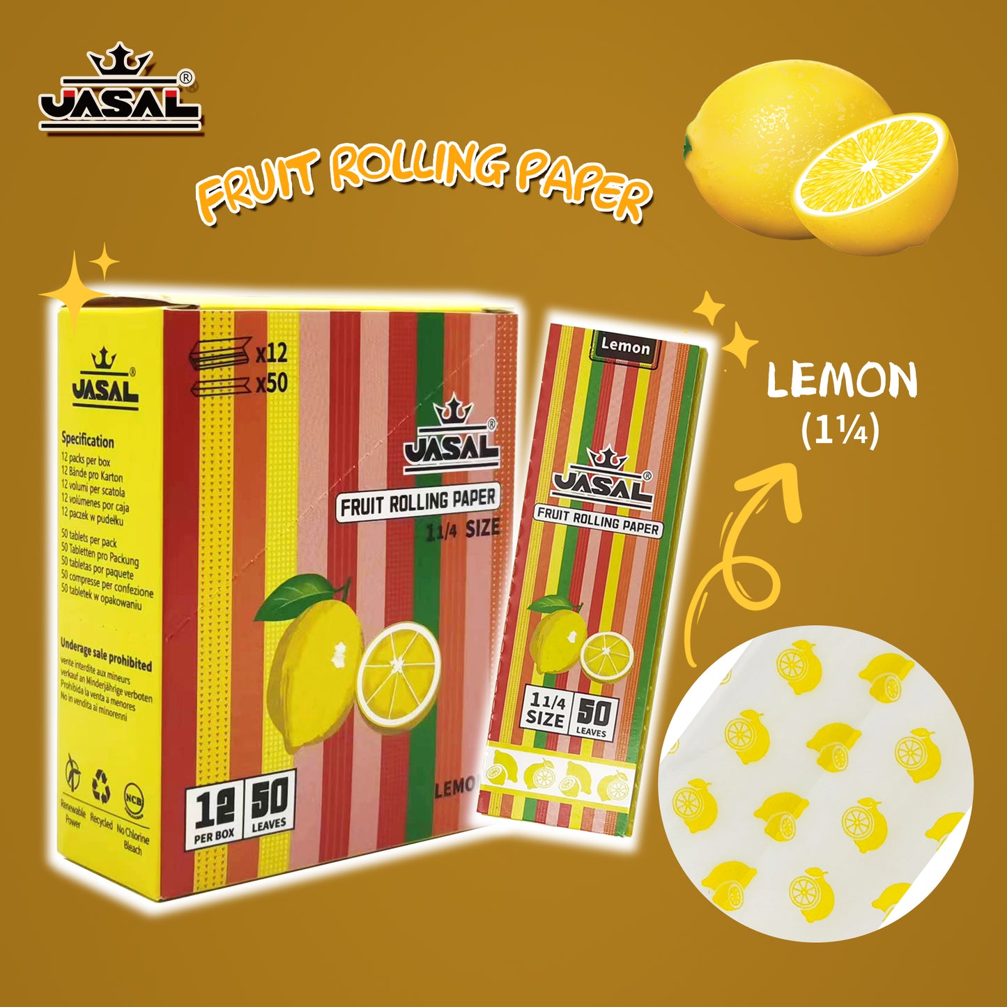 UASAL Fruit Flavor 1¼ Rolling Papers -12 Packs 78mam Rolling Papers (50 Leaves in Pack) 600 Total,Lemon