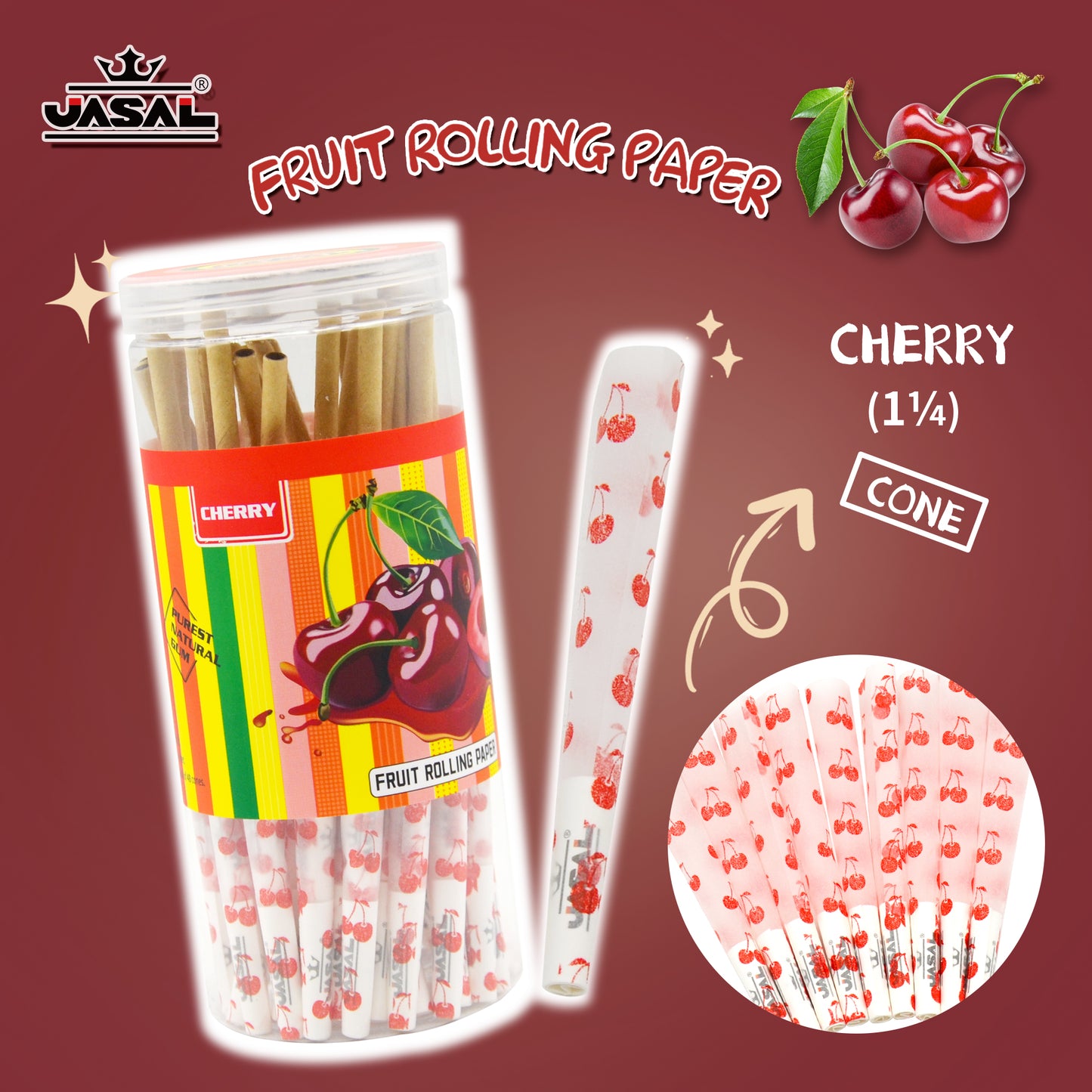 UASAL 48 Cone Cherry Fruit Flavor 1¼ Cones Smoking Rolled 84MM Rolling Paper with Tips & Packing Tubes Included