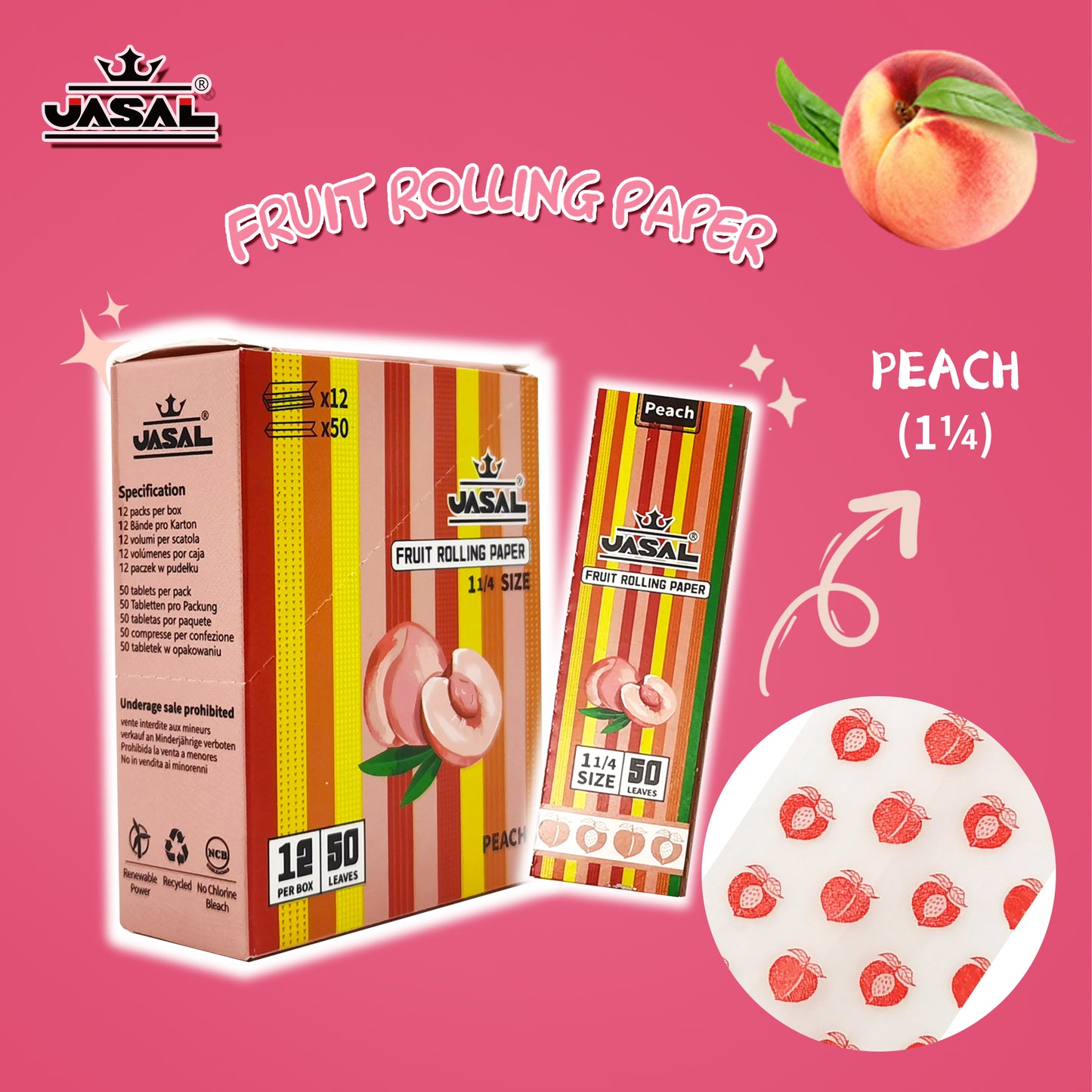 UASAL Fruit Flavor 1¼ Rolling Papers -12 Packs 78mam Rolling Papers (50 Leaves in Pack) 600 Total,Peach