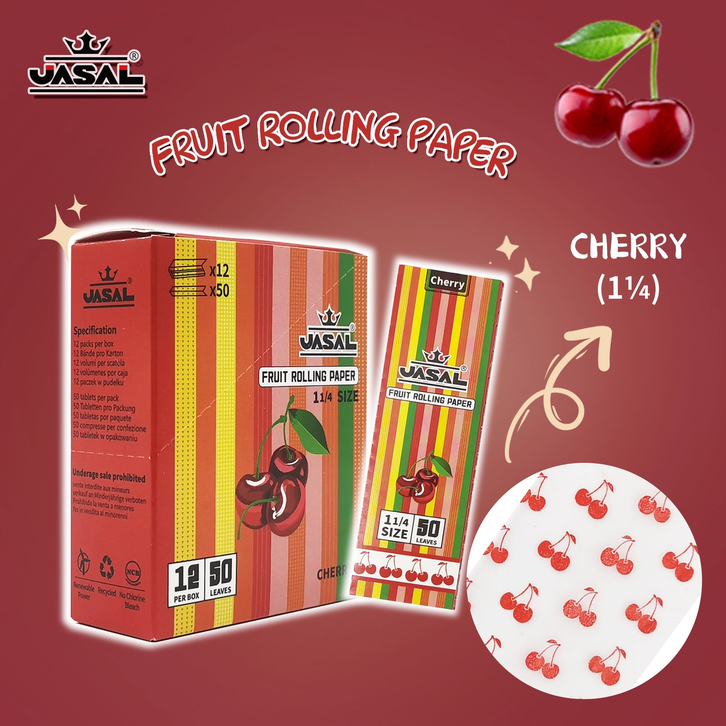 UASAL Fruit Flavor 1¼ Rolling Papers -12 Packs 78mam Rolling Papers (50 Leaves in Pack) 600 Total,Cherry