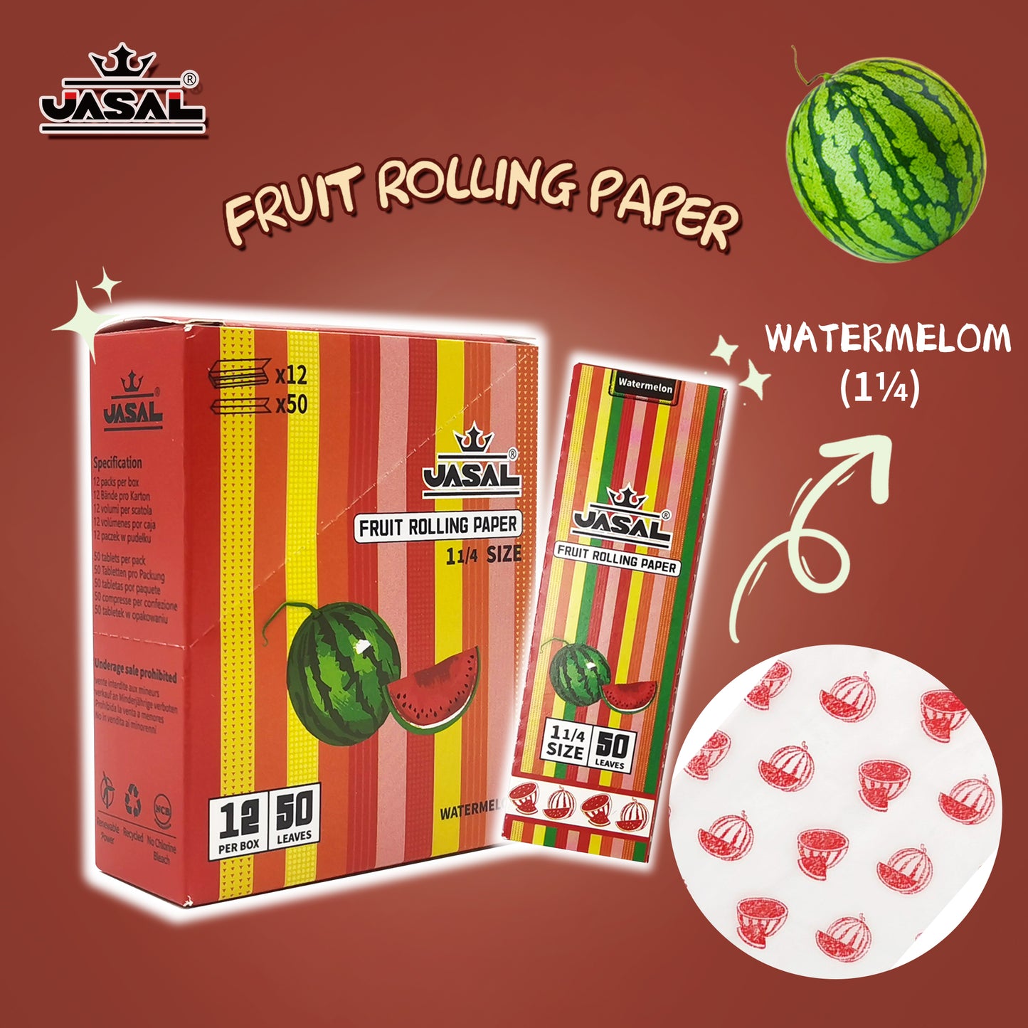 UASAL Fruit Flavor 1¼ Rolling Papers -12 Packs 78 MM Rolling Papers (50 Leaves in Pack) 600 Total,Watermelon