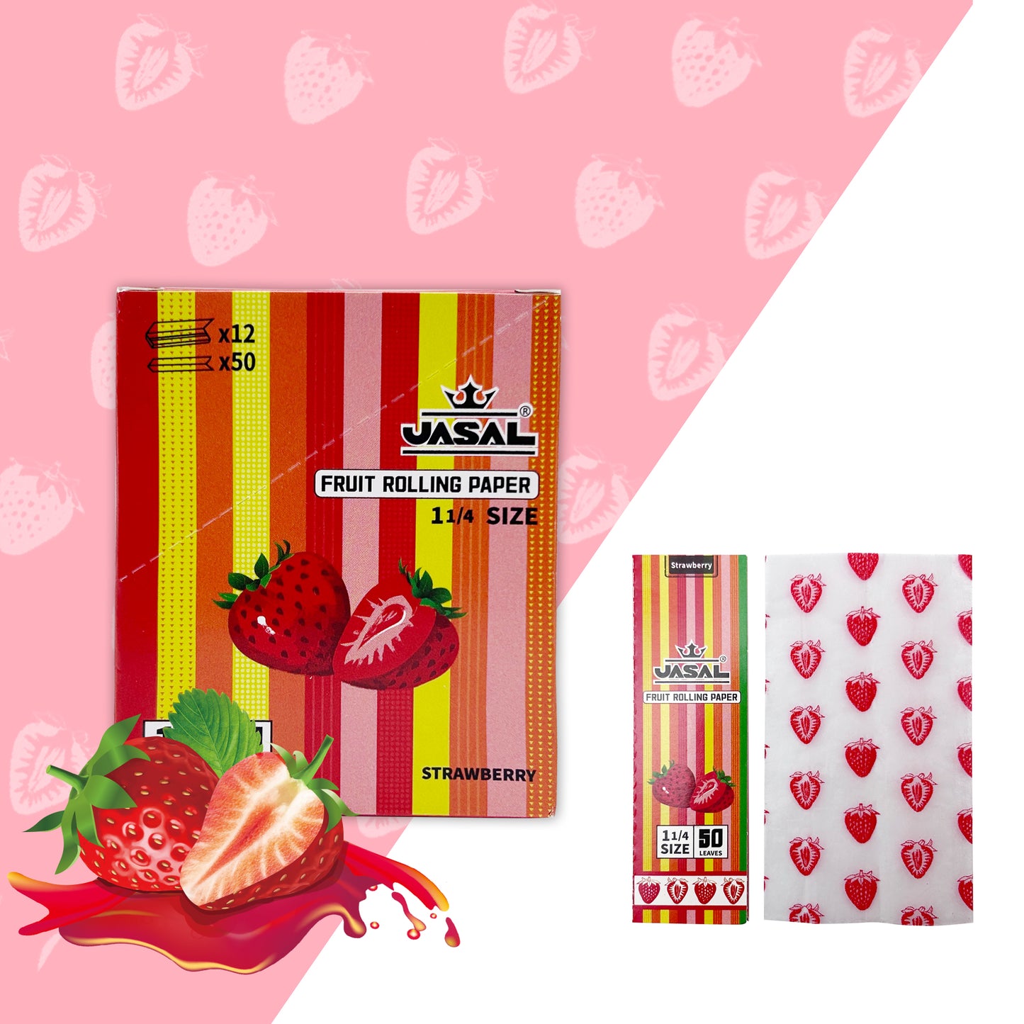 UASAL Fruit Flavor 1¼ Rolling Papers -12 Packs 78mm Rolling Papers (50 Leaves in Pack) 600 Total,Strawberry