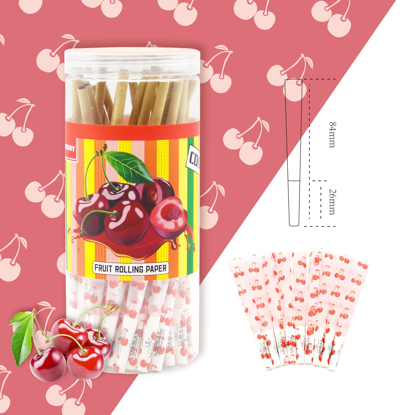 UASAL 48 Cone Cherry Fruit Flavor 1¼ Cones Smoking Rolled 84MM Rolling Paper with Tips & Packing Tubes Included