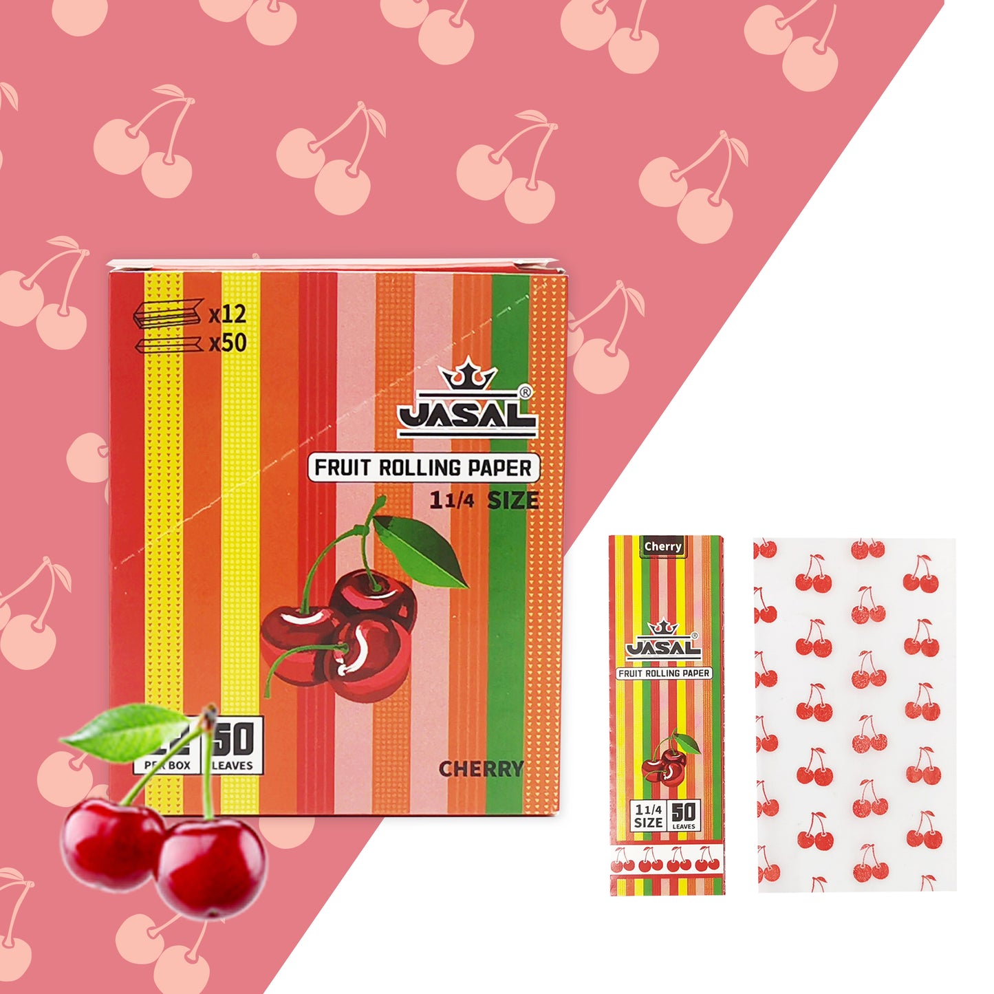 UASAL Fruit Flavor 1¼ Rolling Papers -12 Packs 78mam Rolling Papers (50 Leaves in Pack) 600 Total,Cherry