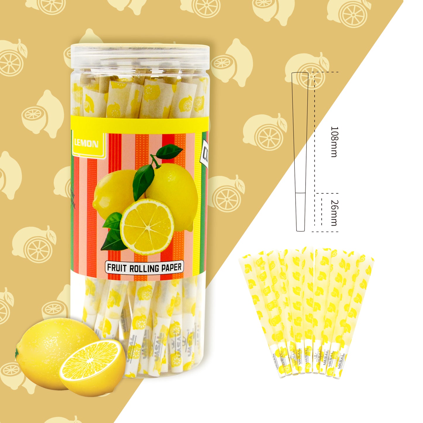 UASAL 48 Cone Lemon Fruit Flavor Kingsize Cones Smoking Rolled 108MM Rolling Paper with Tips & Packing Tubes Included