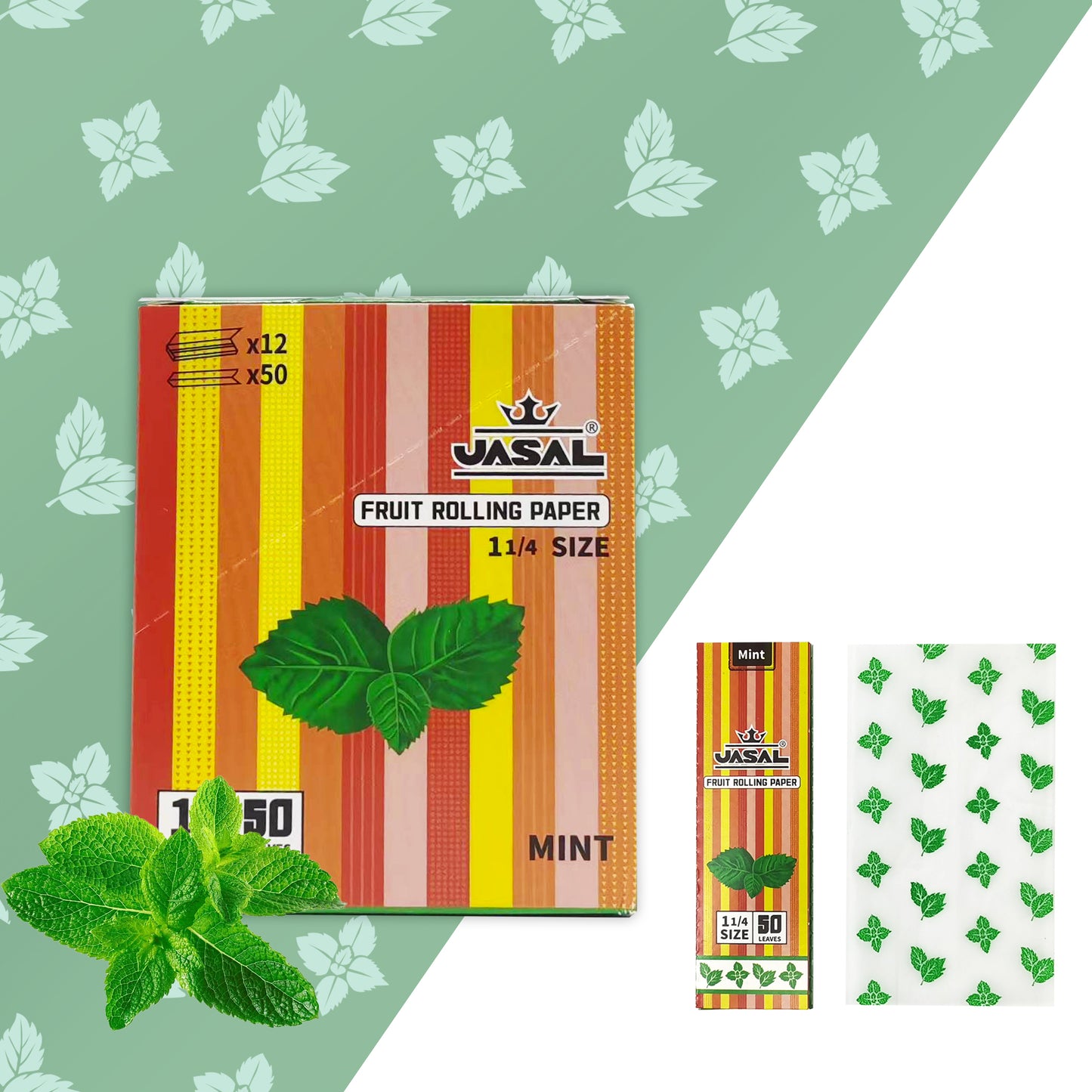 UASAL Fruit Flavor 1¼ Rolling Papers -12 Packs 78mam Rolling Papers (50 Leaves in Pack) 600 Total,Mint