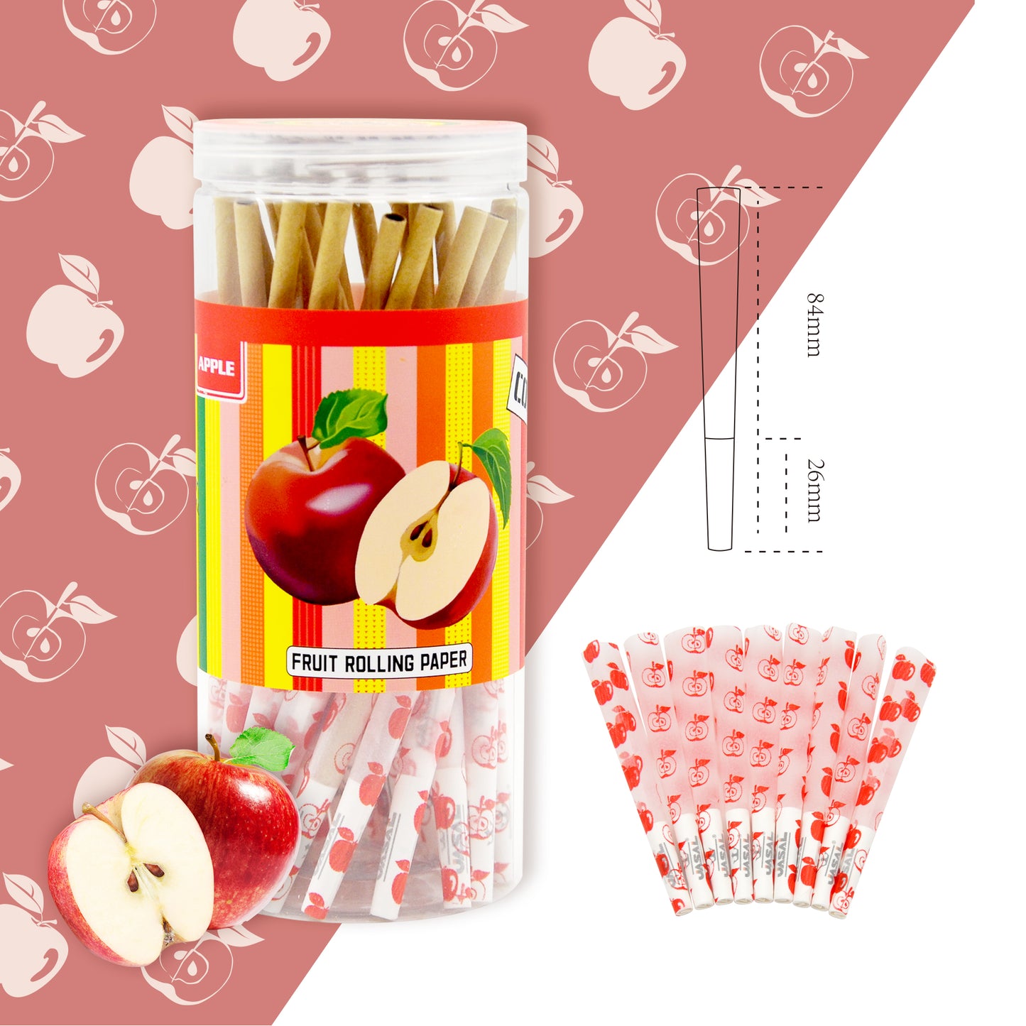 UASAL 48 Cone Apple Fruit Flavor 1¼ Cones Smoking Rolled 84MM Rolling Paper with Tips & Packing Tubes Included