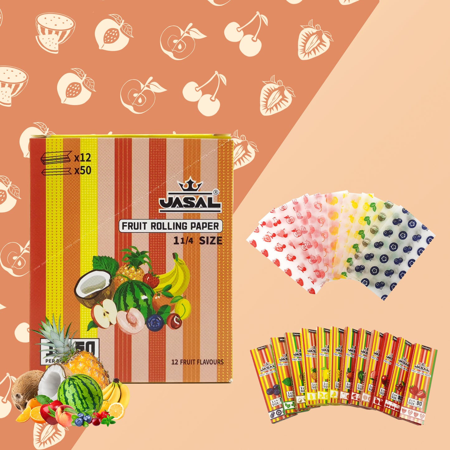 UASAL Fruit Flavor 1¼ Rolling Papers -12 Packs 78mm Rolling Papers (50 Leaves in Pack) 600 Total,12 Taste