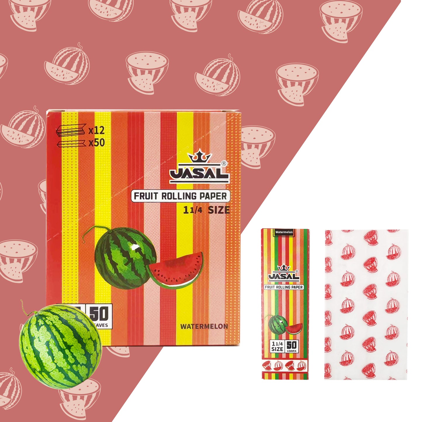 UASAL Fruit Flavor 1¼ Rolling Papers -12 Packs 78 MM Rolling Papers (50 Leaves in Pack) 600 Total,Watermelon